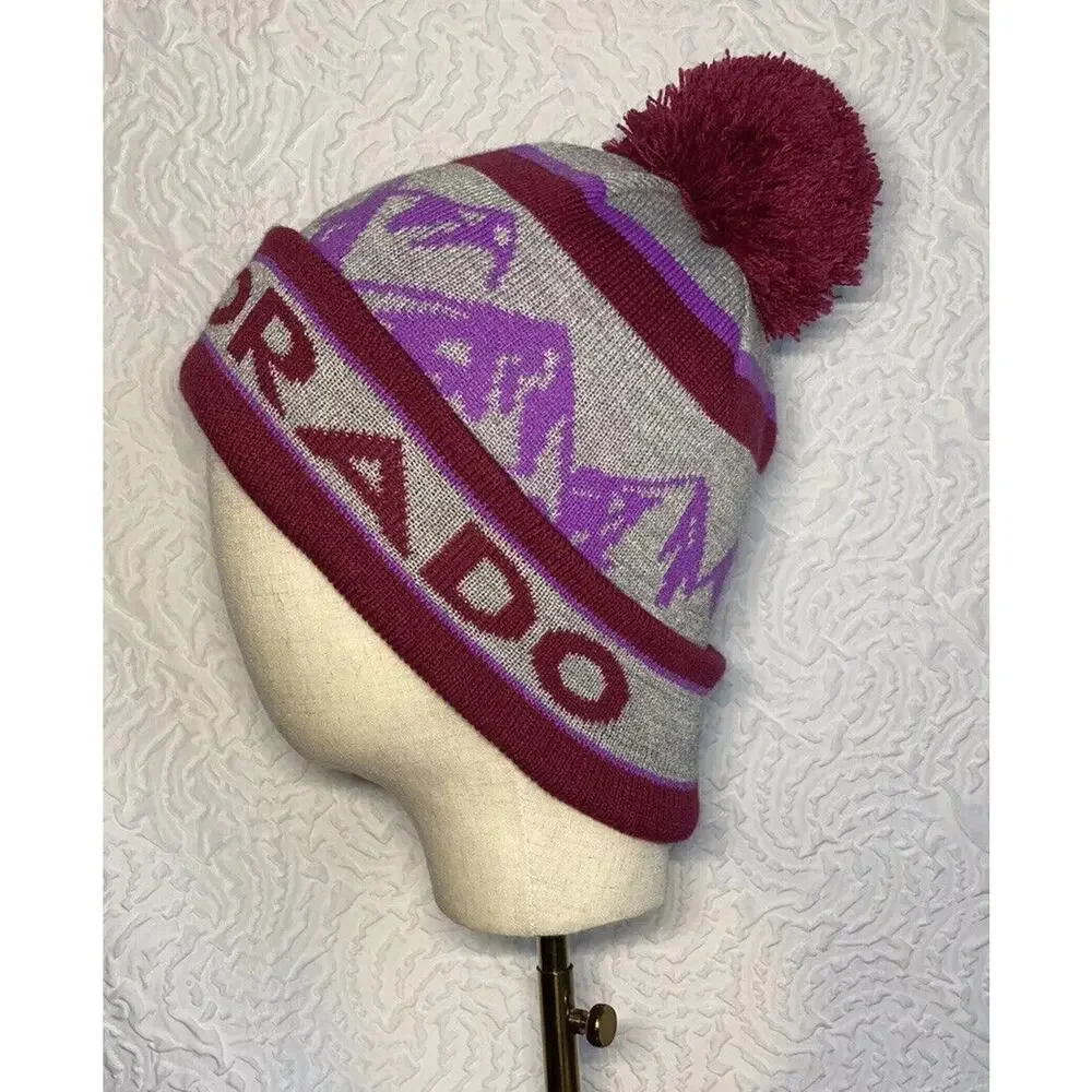 Colorado Beanie Pom Pom Maroon purple Acrylic One Size Fits Most - Picture 5 of 15